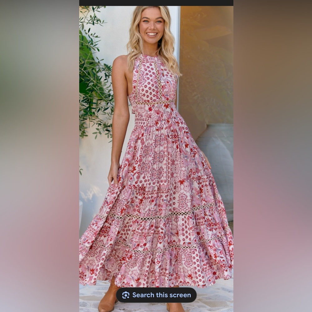 Sleeveless Pink Floral Maxi Dress with Crochet Trim